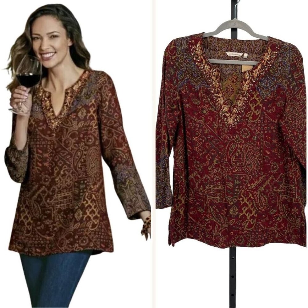 Soft Surroundings Nikol Womens Med Beaded V Neck Tapestry Print Tunic Top Sequin